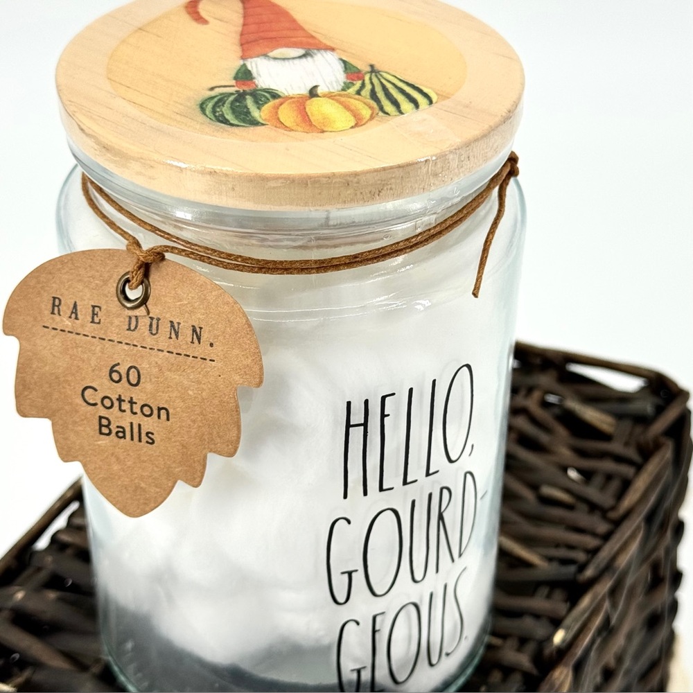 NWT RAE DUNN “Hello GOURD-GEOUS” Gnome Lidded Cotton-ball Jar